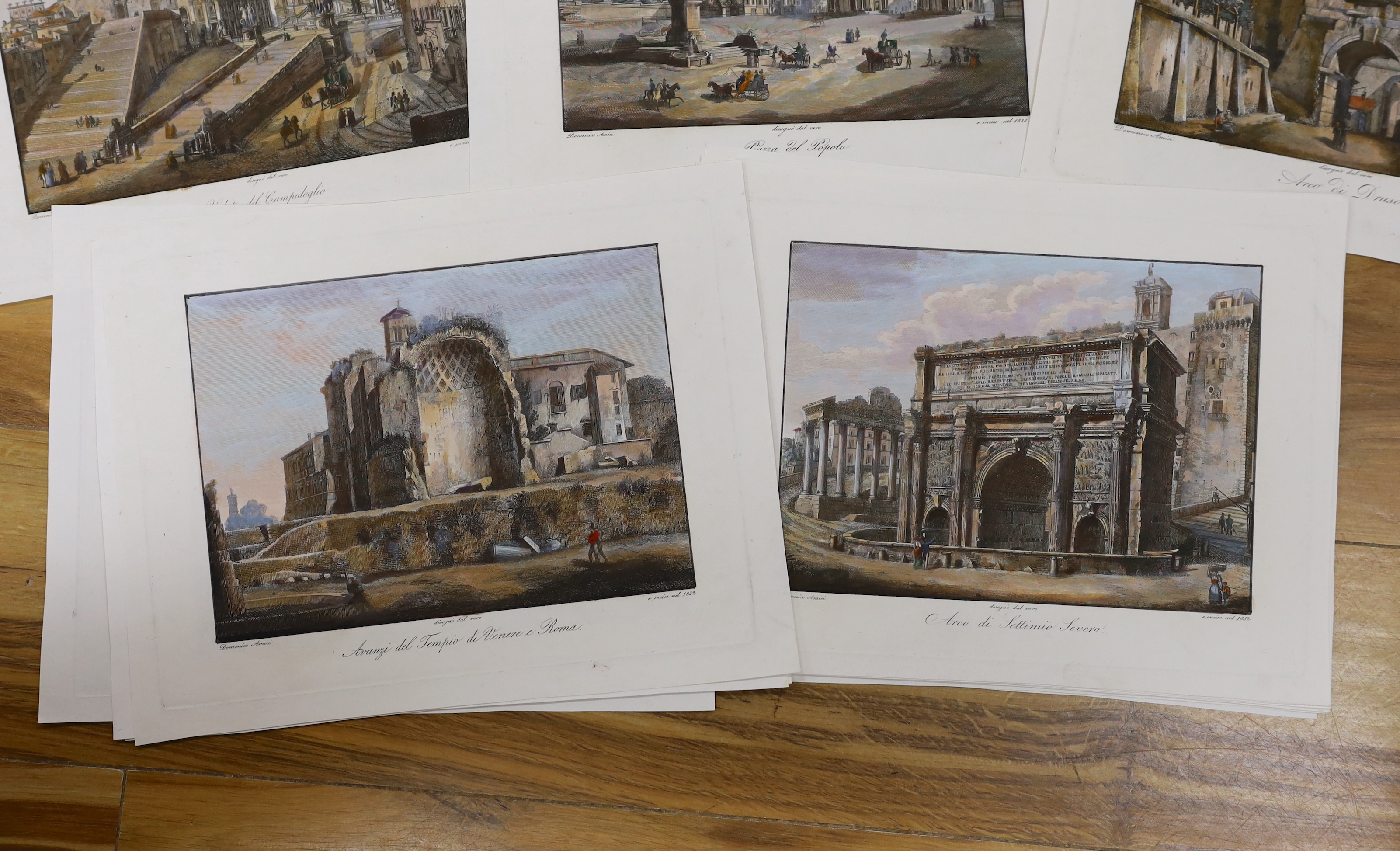 After Domenico Amici (Italian, b.1808), set of sixteen hand-coloured copper engravings, Italian monuments, each 33 x 25cm, unframed, housed in a leather wallet